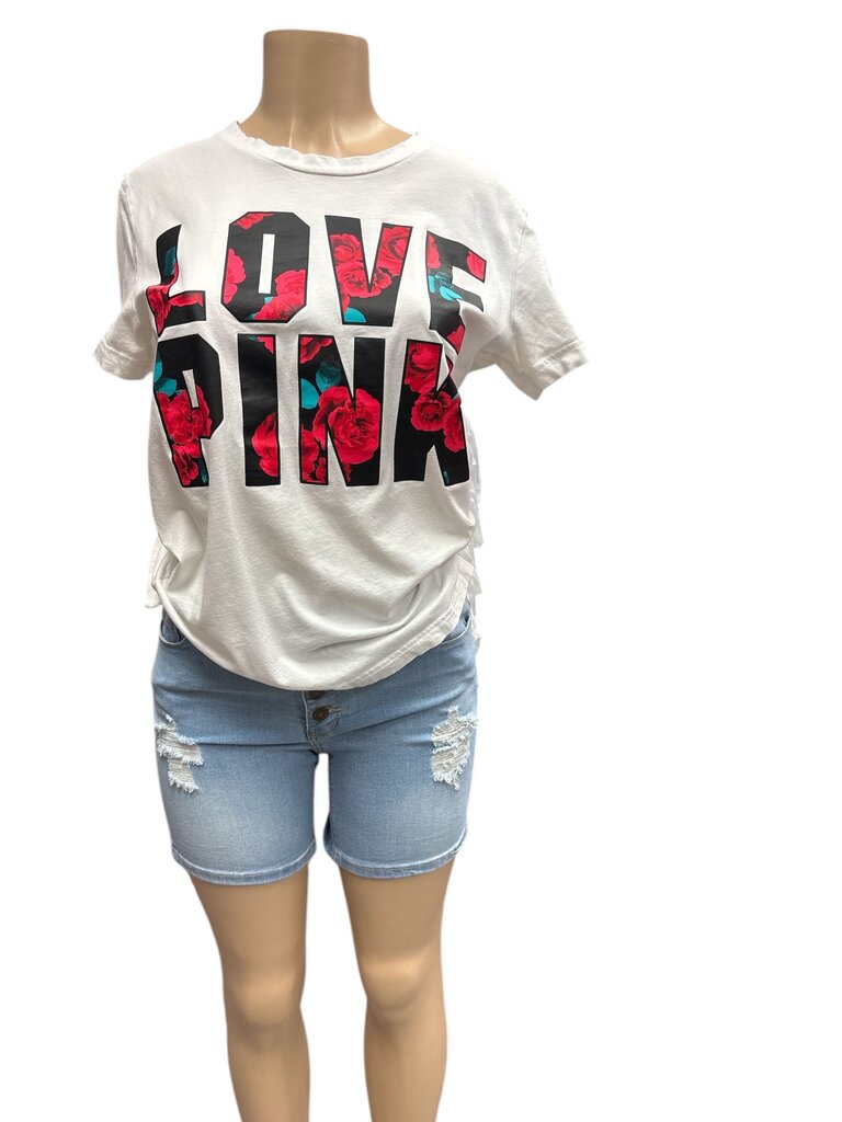 PINK "Love Pink" Floral White Tee (XS)