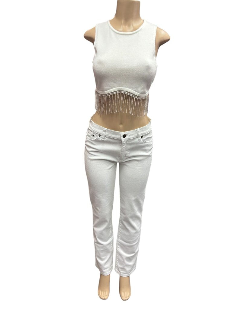 Forever 21 White Sweater Top Silver Bedazzled (Small)