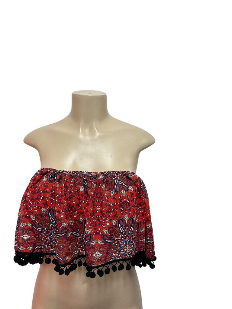 Boohoo Paisley red pom pom top