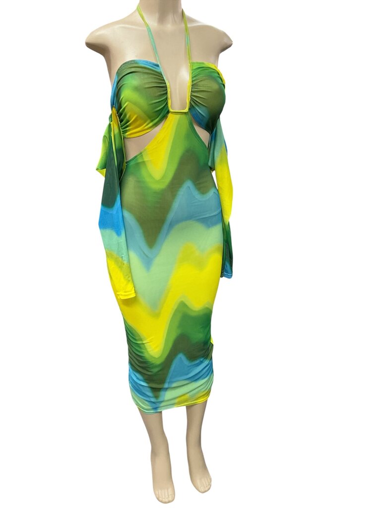 Akira (Med) Yellow and Green Open Fitted Dress