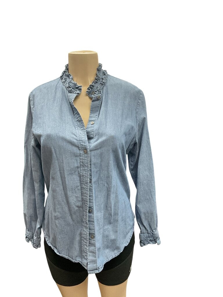 (10) J crew denim ruffle long-sleeve top
