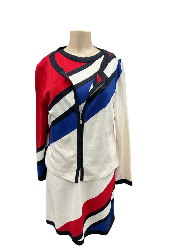 St. John Sport 2 piece blue red and white dress and cardigan