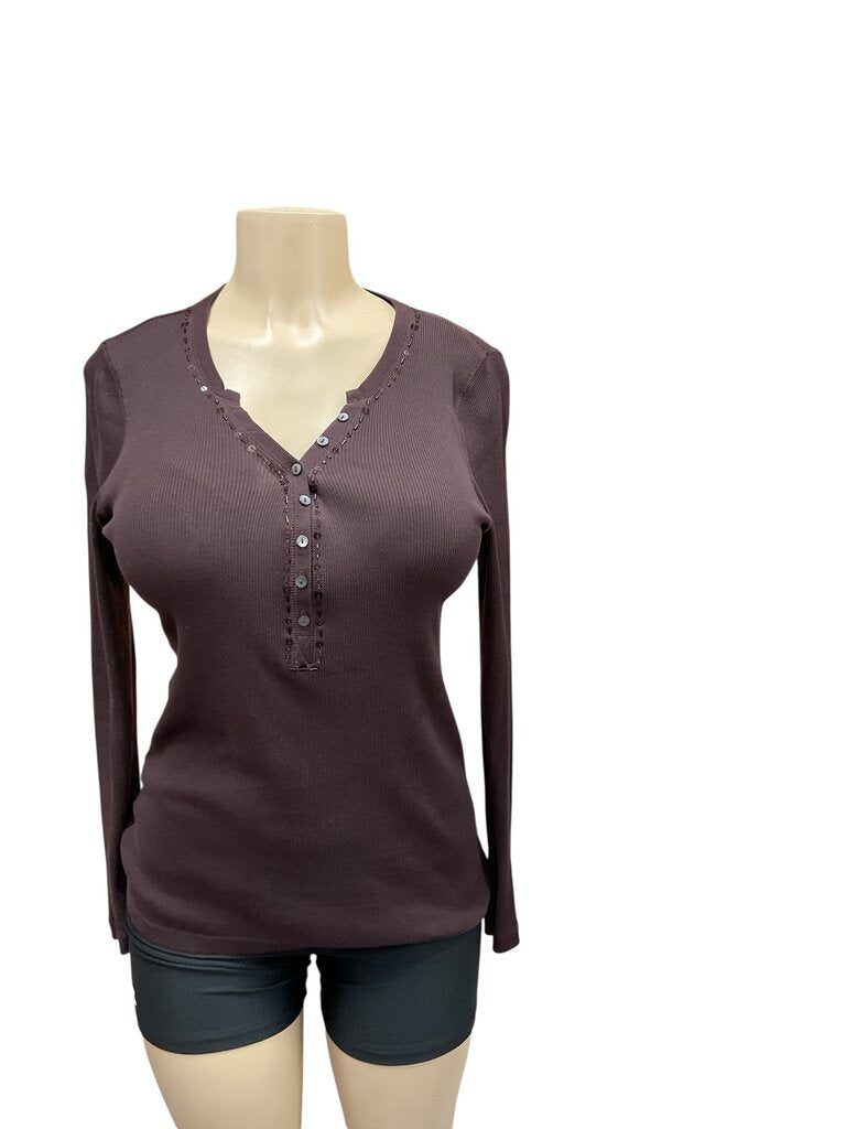 Loft (Med) Brown L/S Sequin Neck Tee