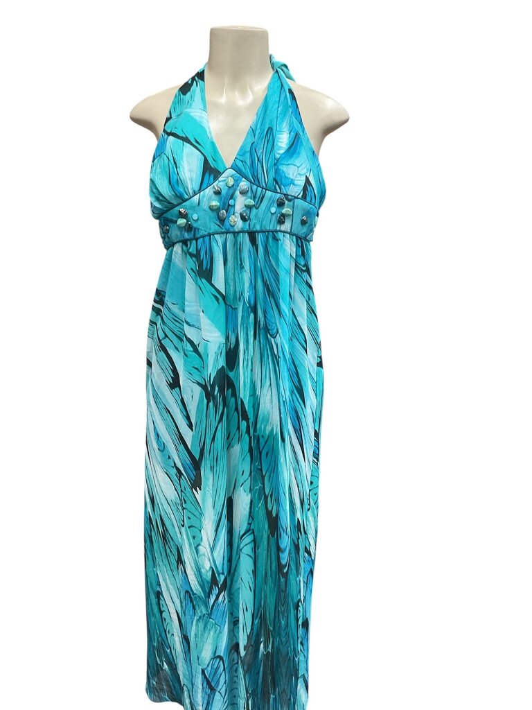 Bisou Bisou Blue and green floral butterfly halter dress