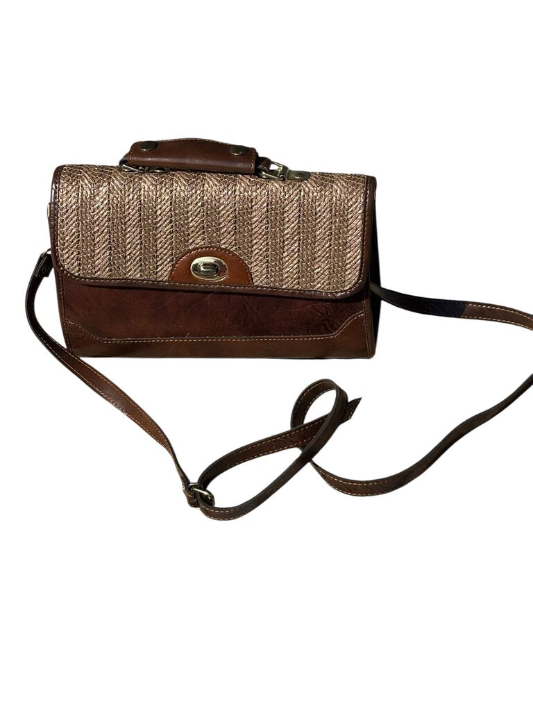 Brown wood and leather shoulder and crossbody handbag