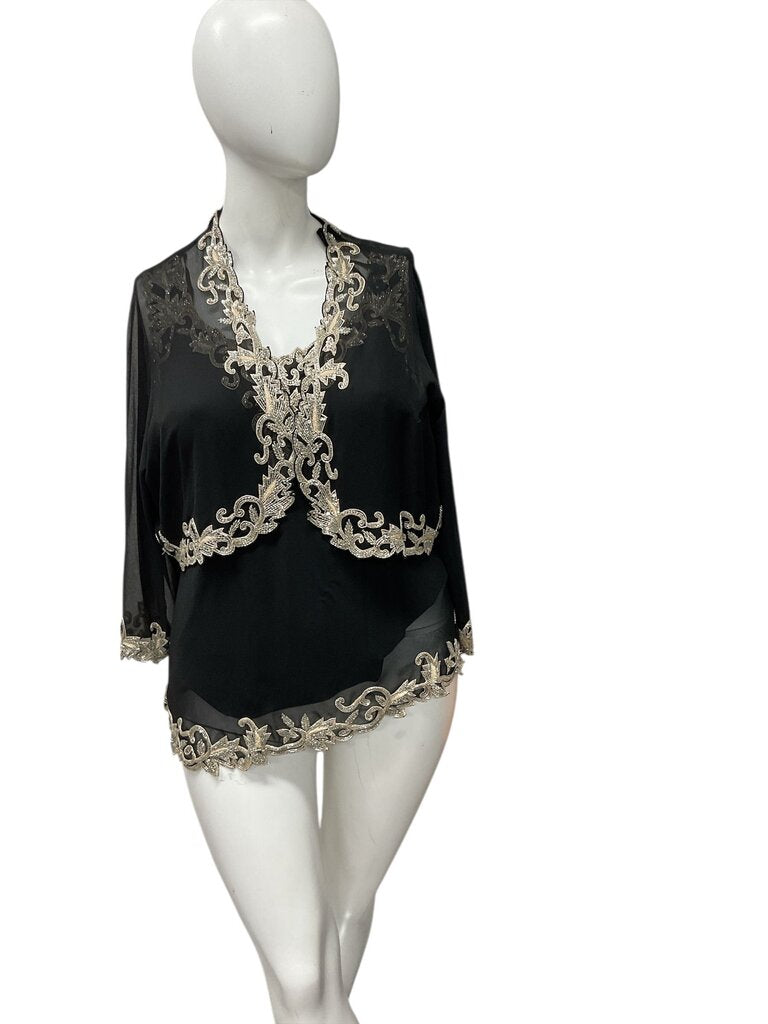 Jkara (2X) Black and Gold Two Piece Sheer Top Set