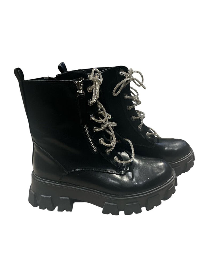 Azalea Wang Black Combat Boot (Glitter Strings-8)