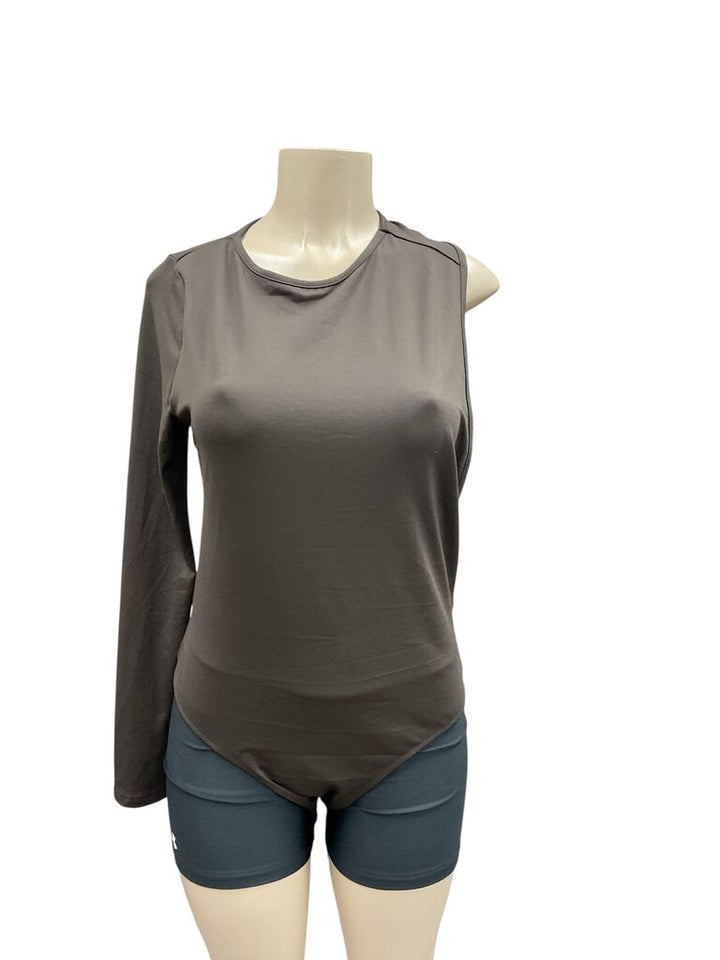 Brown (Med) One Shoulder Open Bodysuit