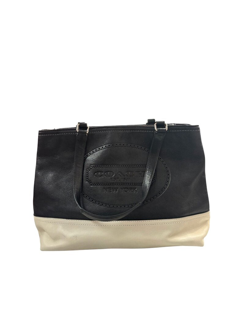 Coach Leather Satchel Handbag with Black and Ivory Color Block Design