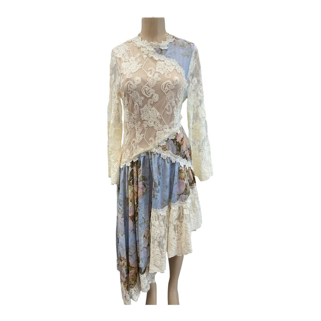 Anewsta (Large) Tan and Blue Lace L/S Ankle Dress