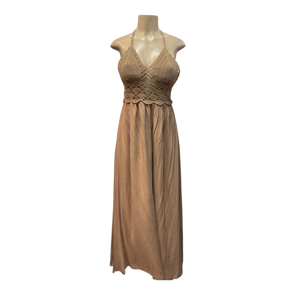 Lil Better (Small) Tan Crochet Long Halter Dress