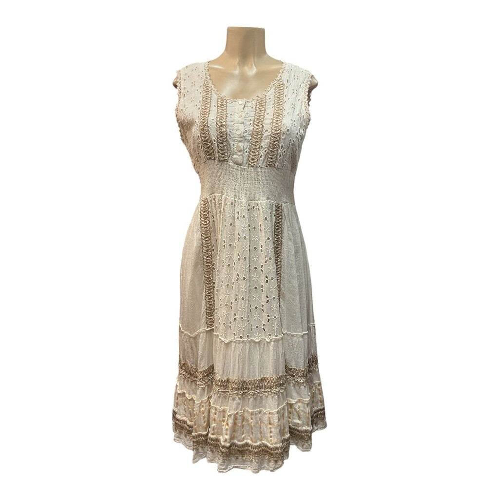 Tan Crocheted (Med) Peasant Dress Midi