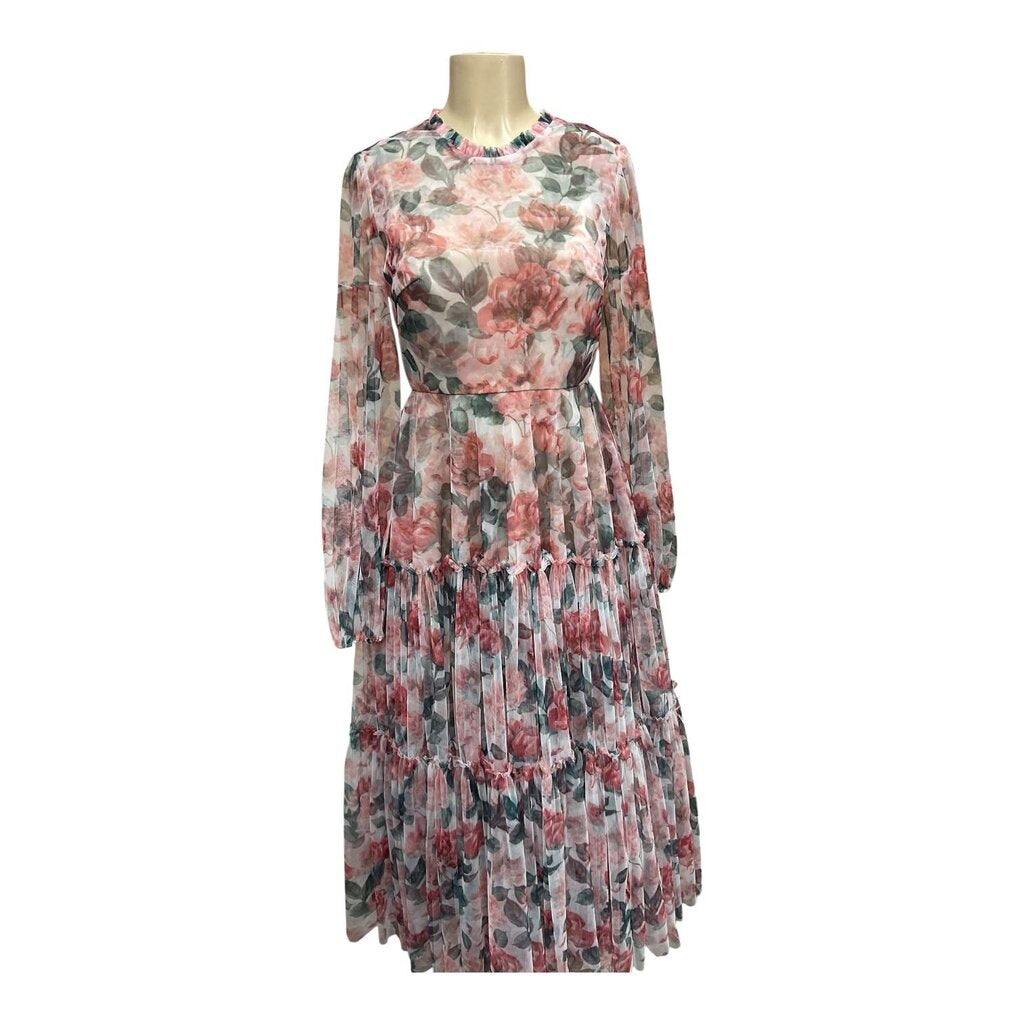 Mac Duggal (8) Pink and Green L/S Sheer Dress