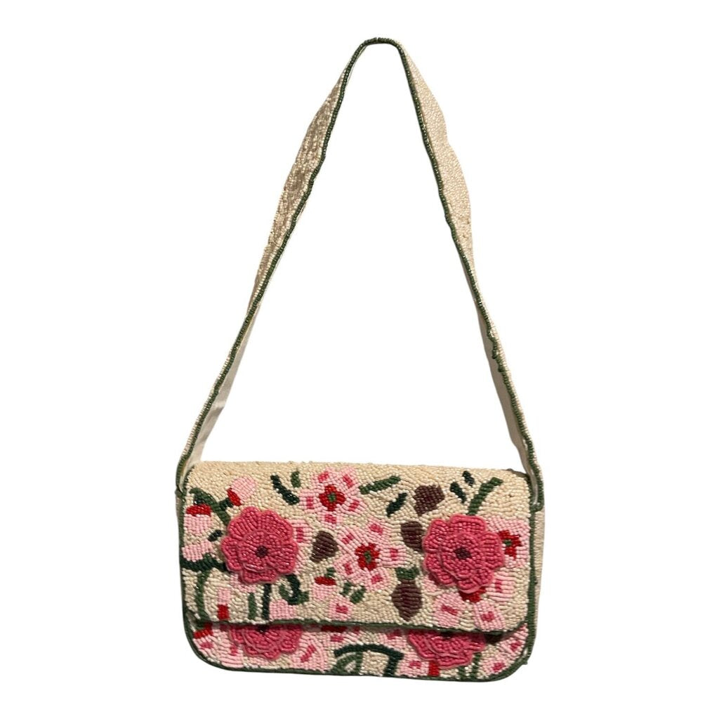 Beaded Cream Shoulder Bag Pink/Green
