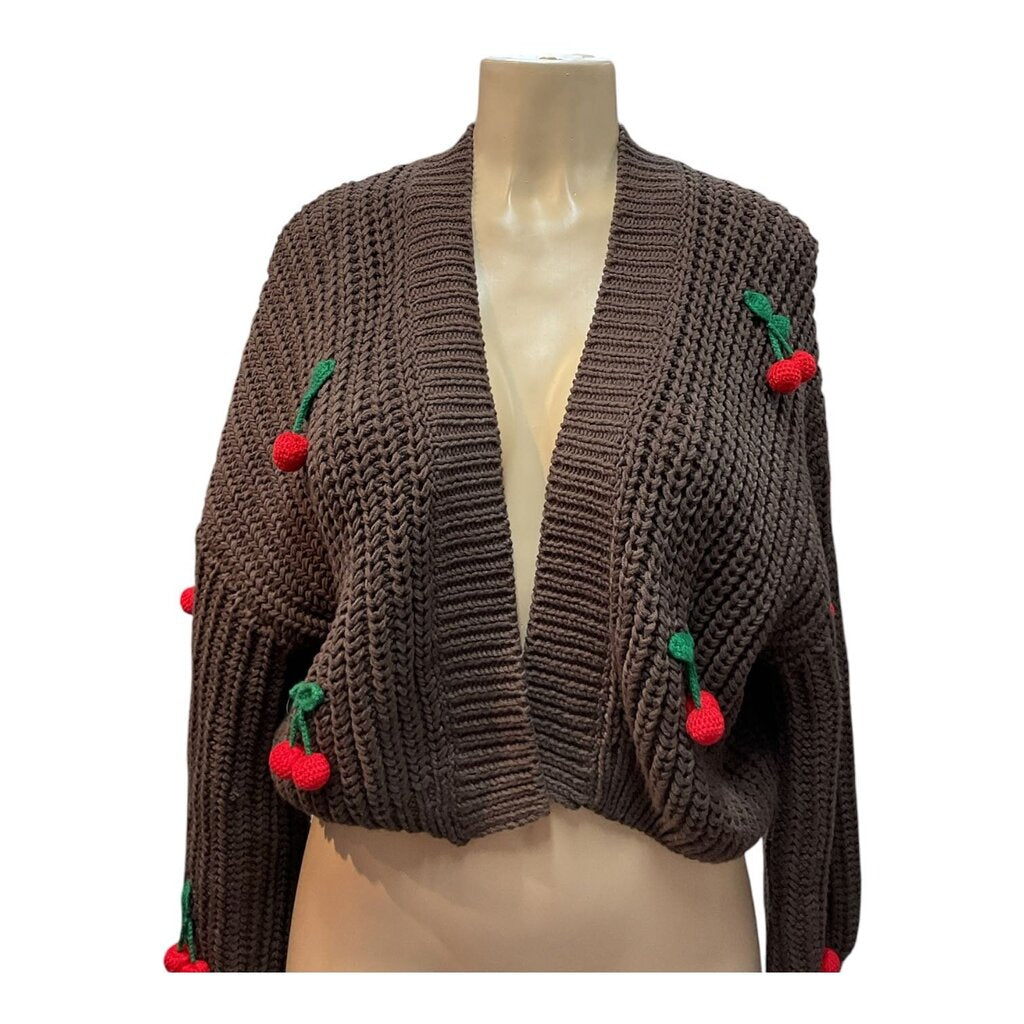 Maeve by Anthropologie (OS) Brown Cardigan Sweater w/Cherries