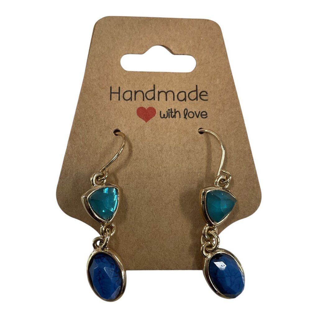 Handmade Gold Tone Drop Earrings w/ Blue Crystal