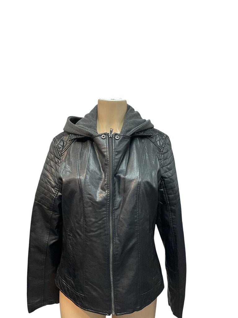 Ana (Large) Black Leather Jacket wGrey Hoodie
