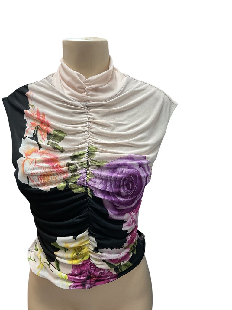 AFRM (Med) Tan and Black Sleeveless Fitted Floral Blouse