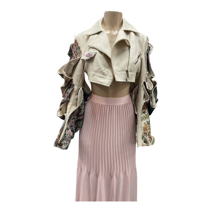 Akira (Small) Tan Moto Jacket w/Green Floral Bubble Sleeves