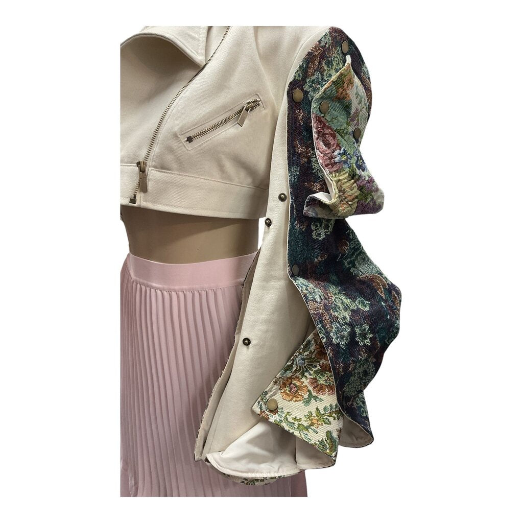 Akira (Small) Tan Moto Jacket w/Green Floral Bubble Sleeves
