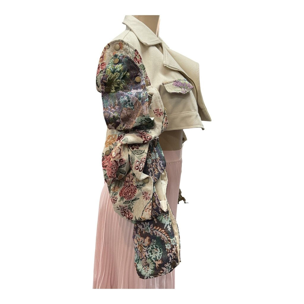 Akira (Small) Tan Moto Jacket w/Green Floral Bubble Sleeves