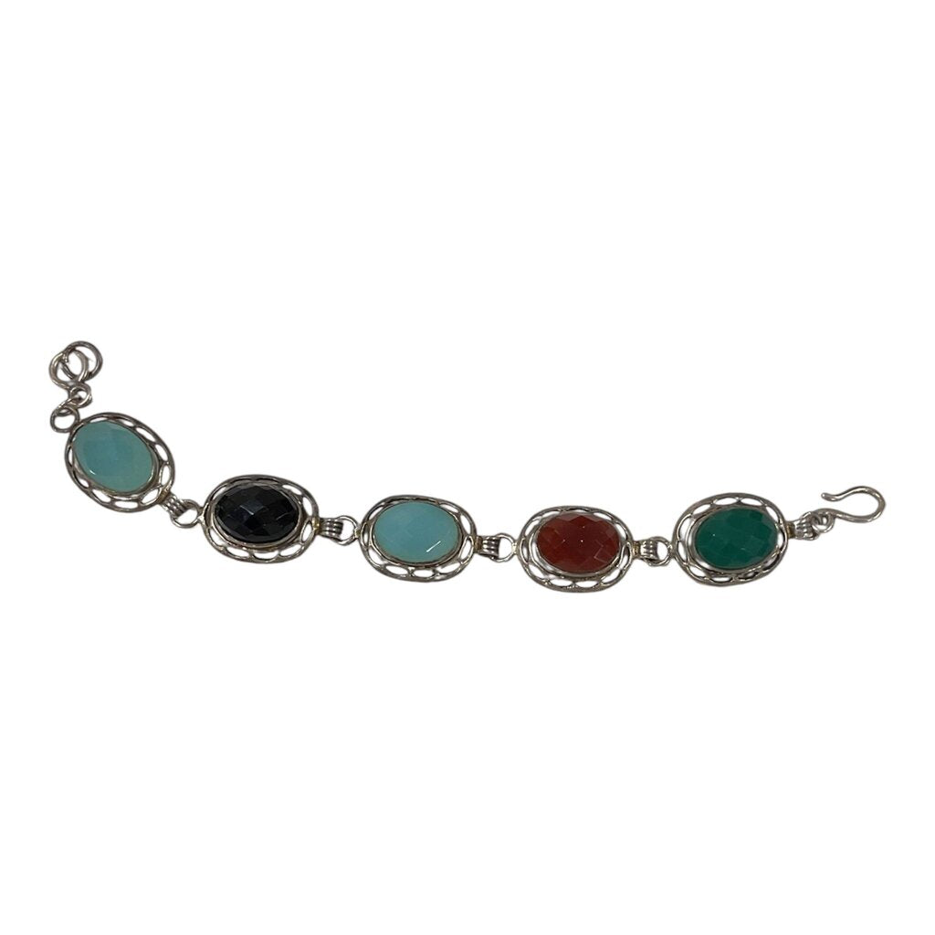 Silver Tone Link Faceted Black Stone