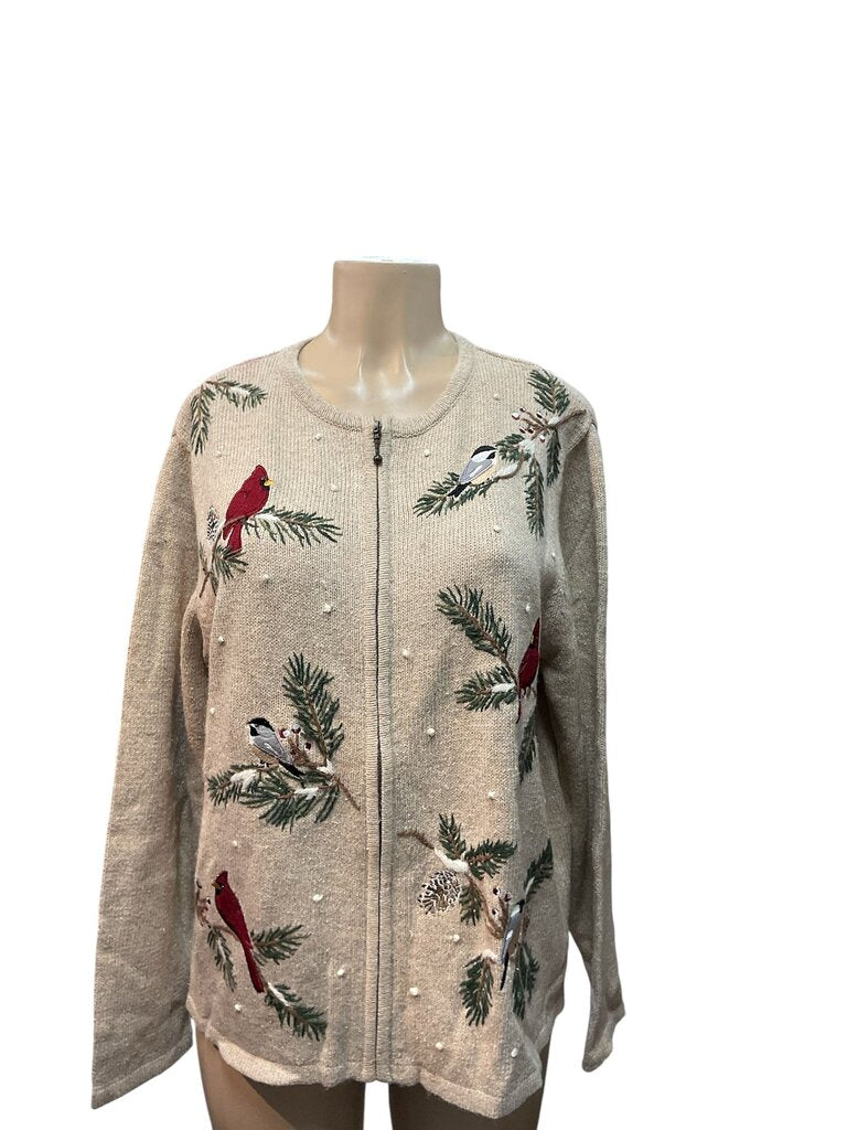 Croft and Barrow (XL) Tan Christmas Birds Zippered Sweater
