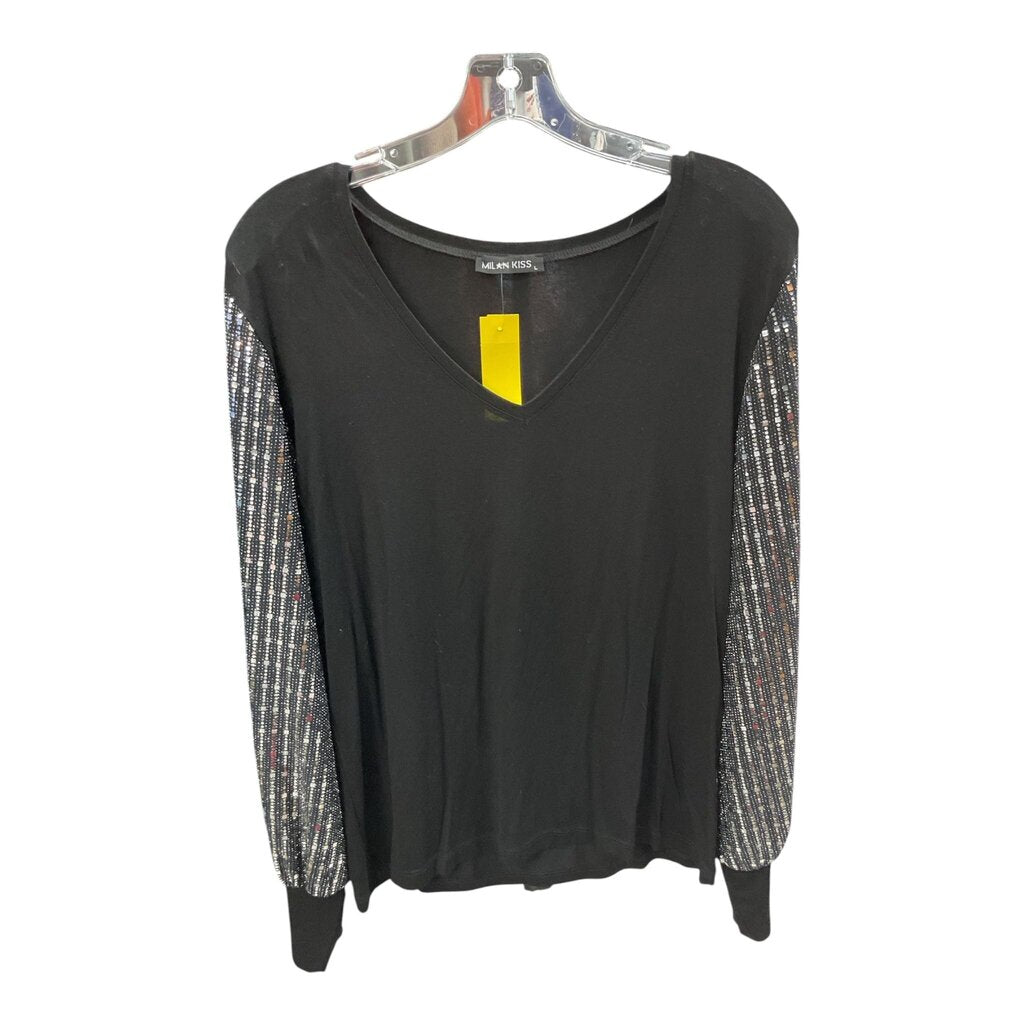 Milan Kiss (Large) Black V Neck Cotton Tee w/Silver Sleeves