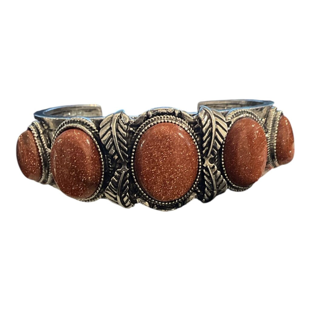 Silver Plated Adjustable Silver Plated Cuff Bracelet feat. Sparkling reddish-brown oval stones