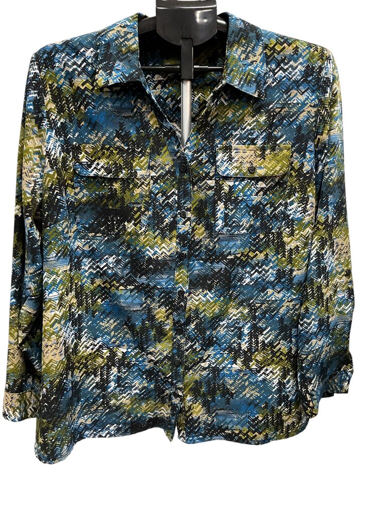 Notations Woman (1X) Blue and Green Button Down Blouse