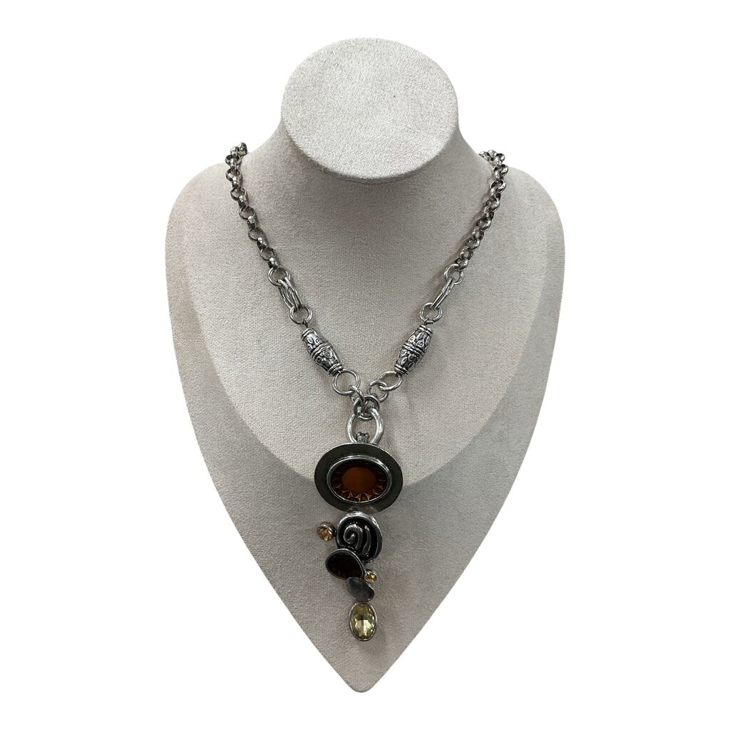 Silver Toned Necklace feat. Multi Drop Pendant with Amber and Yellow Colored Stones