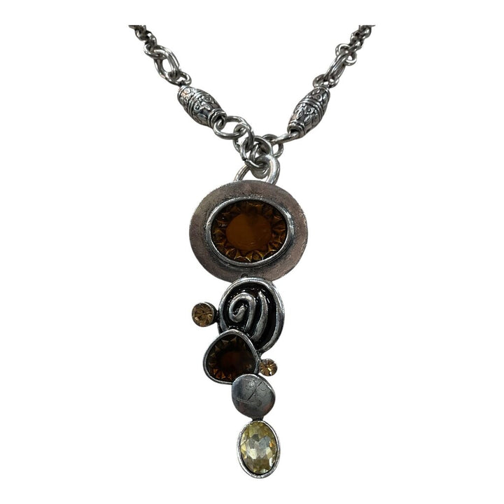 Silver Toned Necklace feat. Multi Drop Pendant with Amber and Yellow Colored Stones