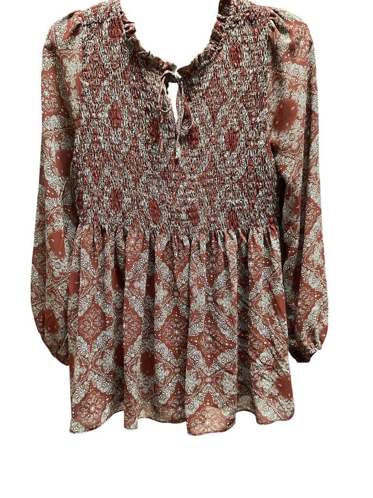 Melloday (Med) Brown and Blue Peasant Blouse