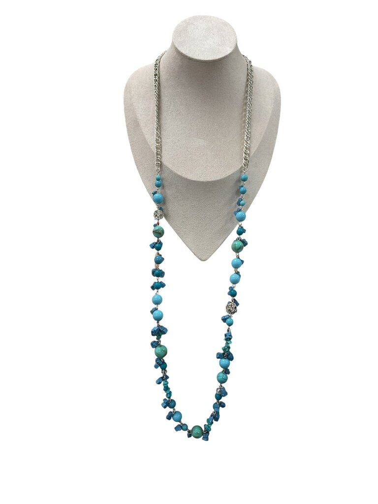 Blue/Green/Silver Beaded Long Necklace