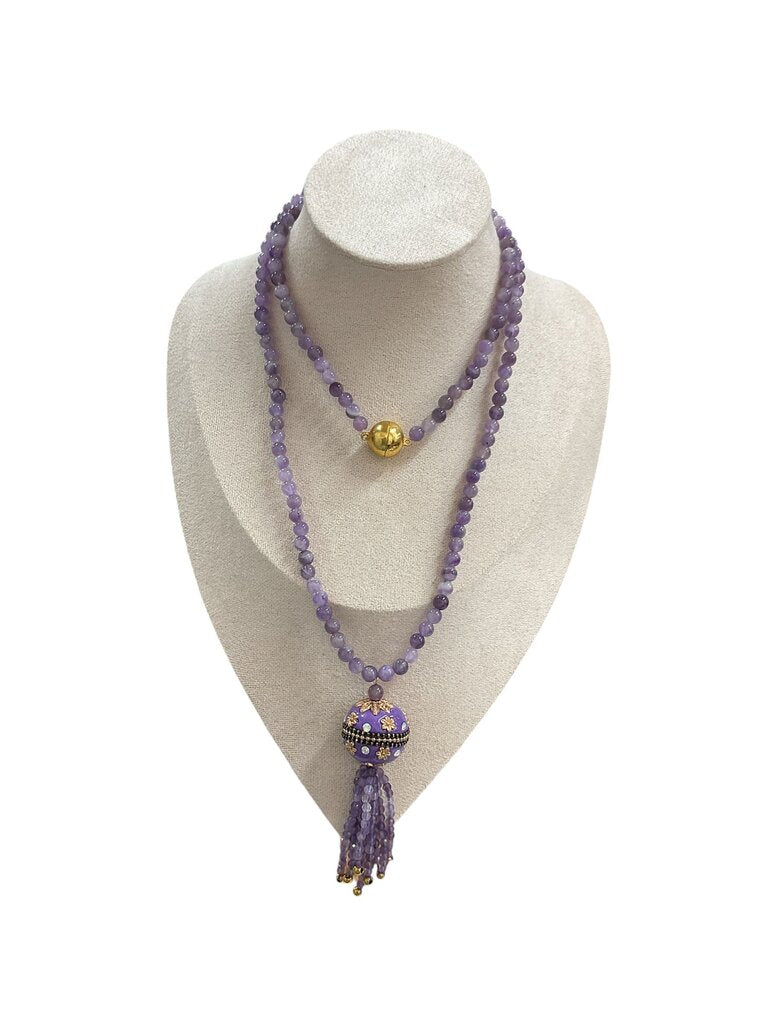 Purple Beaded Long Necklace w/Purple and Gold Ball